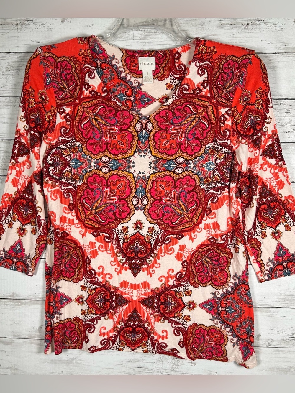 Chico’s Rayon Spandex Coral Medallion 3/4 Sleeve T- Shirt Top 1 = M